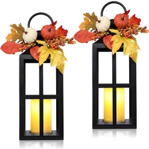 Fall Lanterns Decorative Indoor Outdoor, 2 Pack Hanging Harvest Lantern with LED Candle, 18 Inch Autumn Flameless Lights with Pumpkin and Maple Leaf for Thanksgiving Table Centerpiece Home Decor
