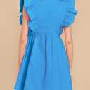 FANCYINN Women's Summer Casual Babydoll Mini Dress Ruffle Sleeveless Deep V Neck Pleated Swing Flowy Tunic Dress (Blue, M)