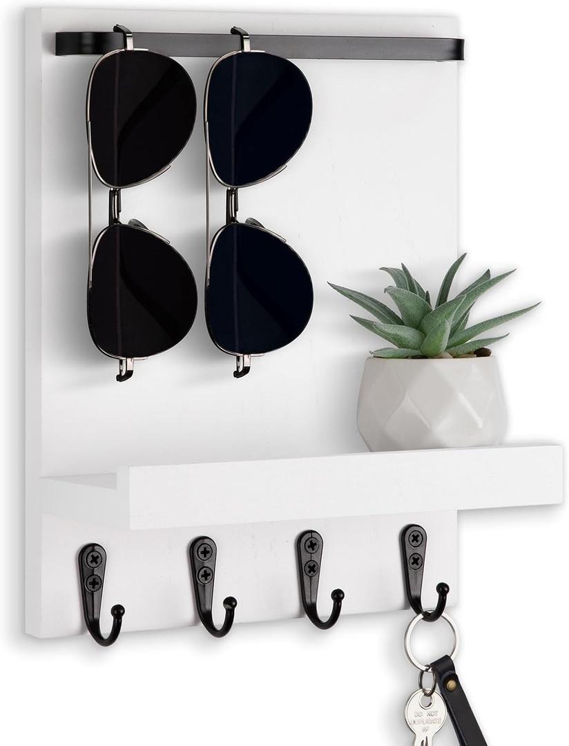 Key Holder Wall Mount, Key Holder for Wall with 4 Hooks, Farmhouse Key Hanger Holds Dog Leash, Sunglasses, Decorative Mail Organizer, Home Decor (White)