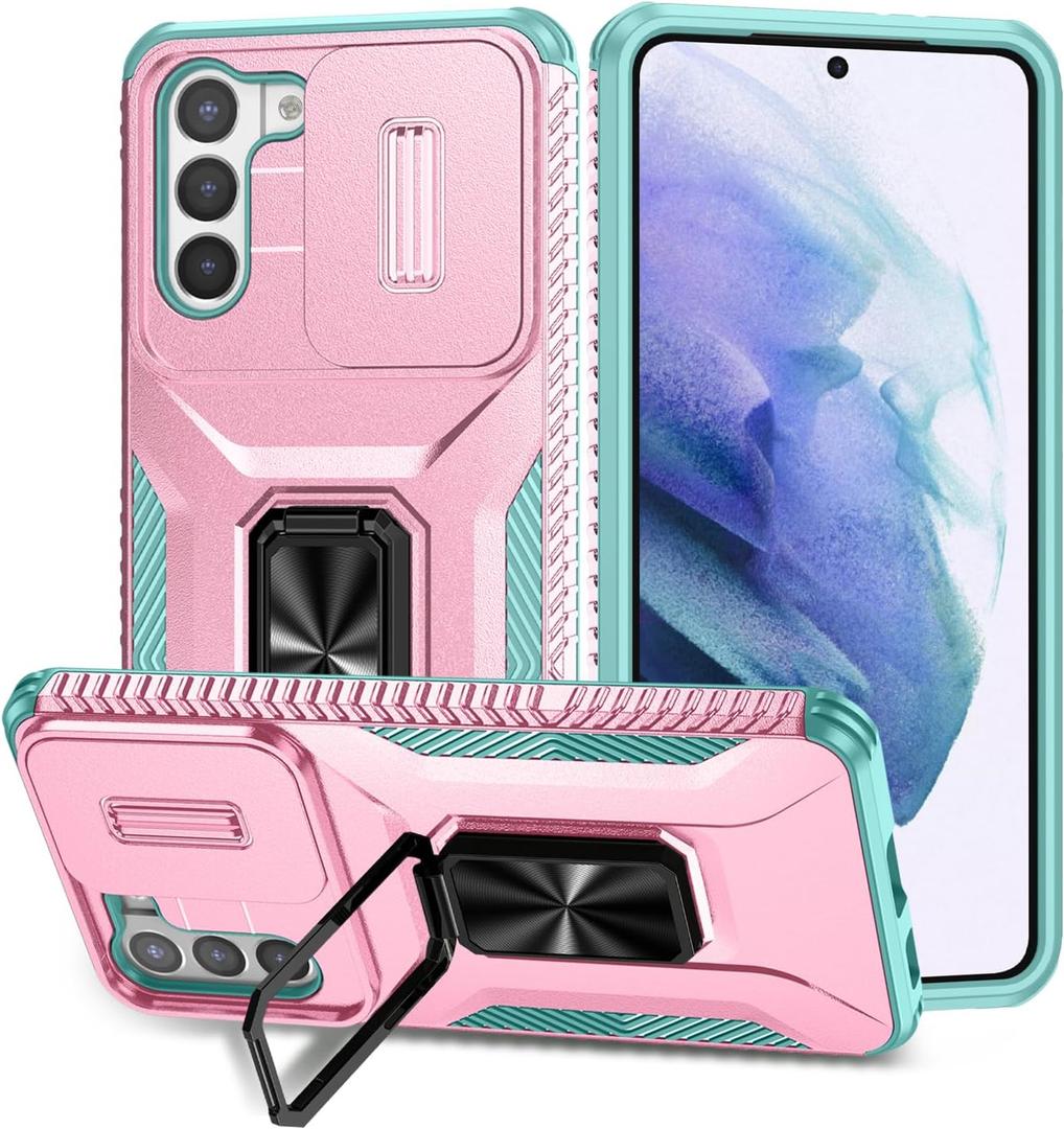 for Galaxy S21 Case with Sliding Camera Lens Cover, HD Screen Protector,360 Rotating Kickstand, AYMECL Military-Grade Shockproof Protective Cover for Samsung Galaxy S21,Pink+Turquoise