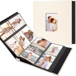 Photo Album 600 Pockets Linen Cover with Customisable Window Black Pages for Photos 10 x 15 cm for Family Travel and Memories, Beige