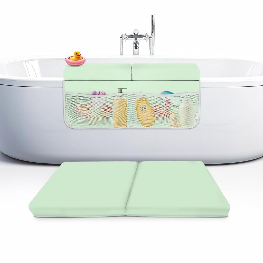 Memory Foam Bath Kneeler and Elbow Rest Pad Set, 2-Inch Thick, Water-Resistant Mat  Baby Bath Time Essentials Cushion and Bath Kneeling Pad for Bathing Baby with Bathtub Toy Organizer (Mint Green)