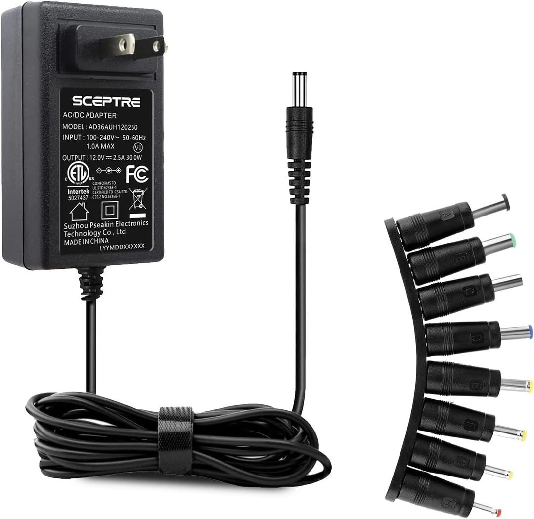 Kado Power Adapter 12V-2.5A 2A 1.5A 1.25A 1A AC/DC Power Cord 5.5x2.1mm with 8 Tips Made for Sceptre Monitor, Echo Smart Speaker & Display, Webcam, Router, Mini PC, Projector, CCTV, Bluetooth Speaker
