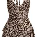 Women's Y2K Leopard Print Halter Dress Sexy Ruched Tie Backless Tiered Layer Mini Dresses Cheetah Mesh Ruffle Dress (Apricot and Brown) XL