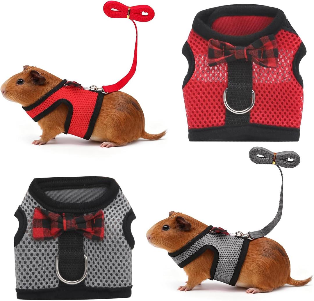 Guinea Pig Harness and Leash2packs Guinea Pig Clothes Baby Ferret Rats Hamster Soft Mesh Harness Leash for DecorationHamster Harness can be Adjusted to Any Size. (Red + Grey)