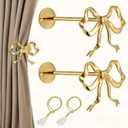 2 Pack Jumbo Bow Curtain Holdbacks, Wall Mounted Large Metal Gold Curtain Tiebacks, Curtain Holders for Wall, Elegant Window Hook for Home Decor, with 2 Pcs Curtain Ties