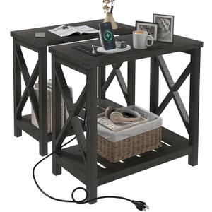 Hadulcet Farmhouse End Tables Living Room Set of 2 - Narrow Side Table with Charging Station, Slim Nightstand for Small Space, Skinny Bedside Table, Sofa Side Table with Storage Shelf, Black