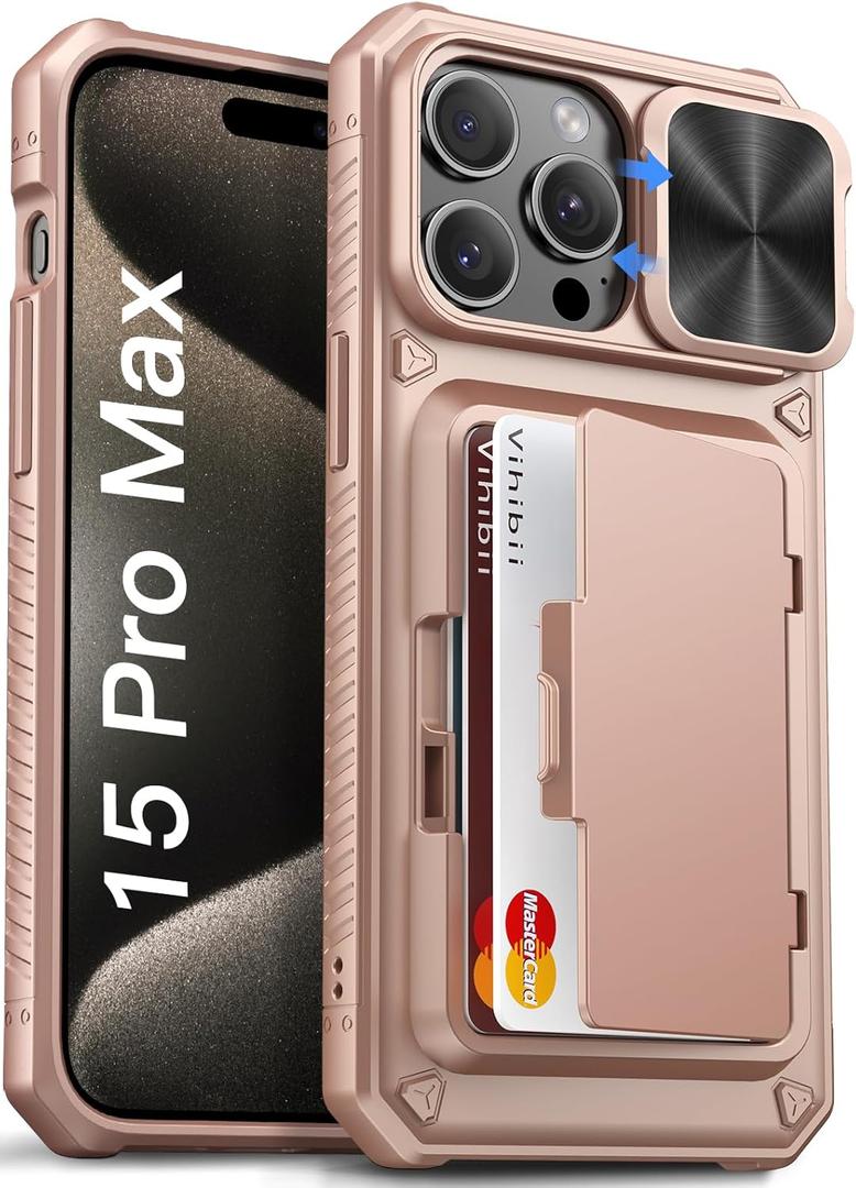 Vihibii for iPhone 15 Pro Max Wallet Case with Card Holder (4 Cards) & Slide Lens Cover & Stand, Shockproof Rugged Hard Back & Raised Edges Protection Case for iPhone 15 Pro Max, 6.7" 2023, Rose Gold