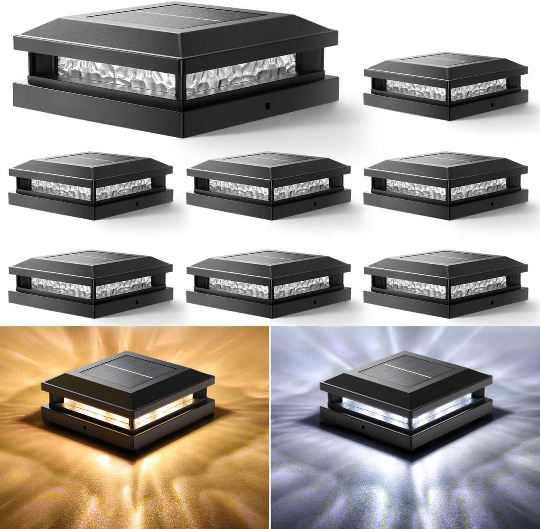 Bosceos 8-Pack Solar Post Lights, 2-Colors Mode 16LEDs Outdoor Decorative Post Cap Lights, Waterproof Solar-Powered Fence Posts Light, Fit 4x4, 5x5 Vinyl/Wooden Posts in Garden Yard Porch Deck, Black