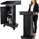 Metal Podium Lectern Stand - Heavy-Duty Podium with Wheels and Storage Cabinets Portable Pulpit for Church School Office Conference Black