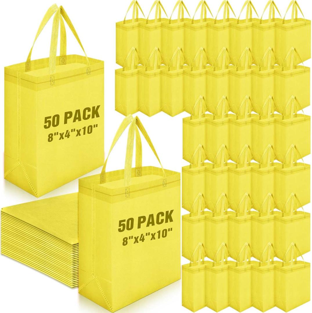 Windyun 50 Pcs Reusable Tote Bag Bulk 8 x 4 x 10 Inch Non Woven Shopping Bag with Handle Portable Grocery Bags Gift Tote for Merchandise Events Parties Boutiques Retail Stores (Light Yellow)