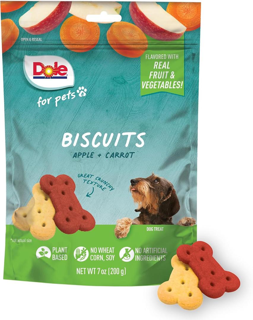 Dole for Pets Dog Biscuits Assorted Apple + Carrot Mix, Real Fruit and Vegetable Flavor Vegan Crunchy Treats, No Wheat Corn Soy or Artificial Additives, Bite Size Training Snacks for Dogs, 7 Oz (EXP 05/20/26)