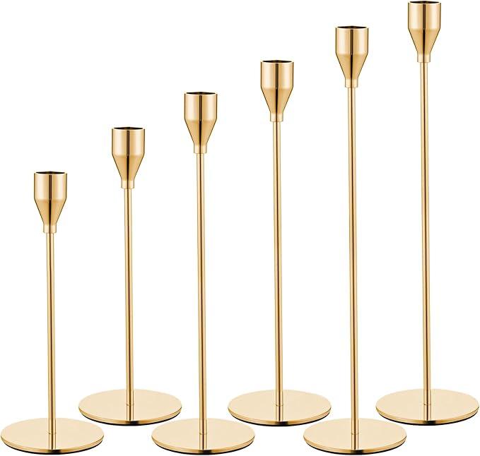 Set of 6 Gold Candle Holders for Taper Candles, Metal Gold Taper Candle Holder Decorative Candlestick Holders for Wedding, Dinning, Party, Home Decor, Fits 3/4 inch Thick Candle&Led Candles
