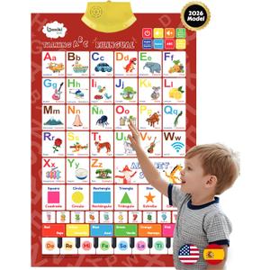 Bilingual English & Spanish Interactive Alphabet Wall Chart (2026 Model)  Talking ABC Letters, Numbers 123 & Music Learning Poster  Educational Toy for Toddlers & Kids Ages 3+