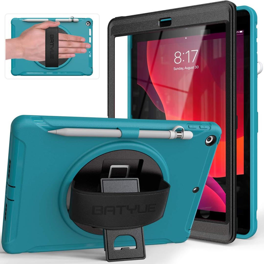 BATYUE Case for iPad 7th/8th/9th Gen 2019/2020/2021: Professional Shockproof 10.2" Cover with Screen Protector, Pencil Holder, 360 Rotating Hand Strap/Stand  Easy-Grip, Lake Blue