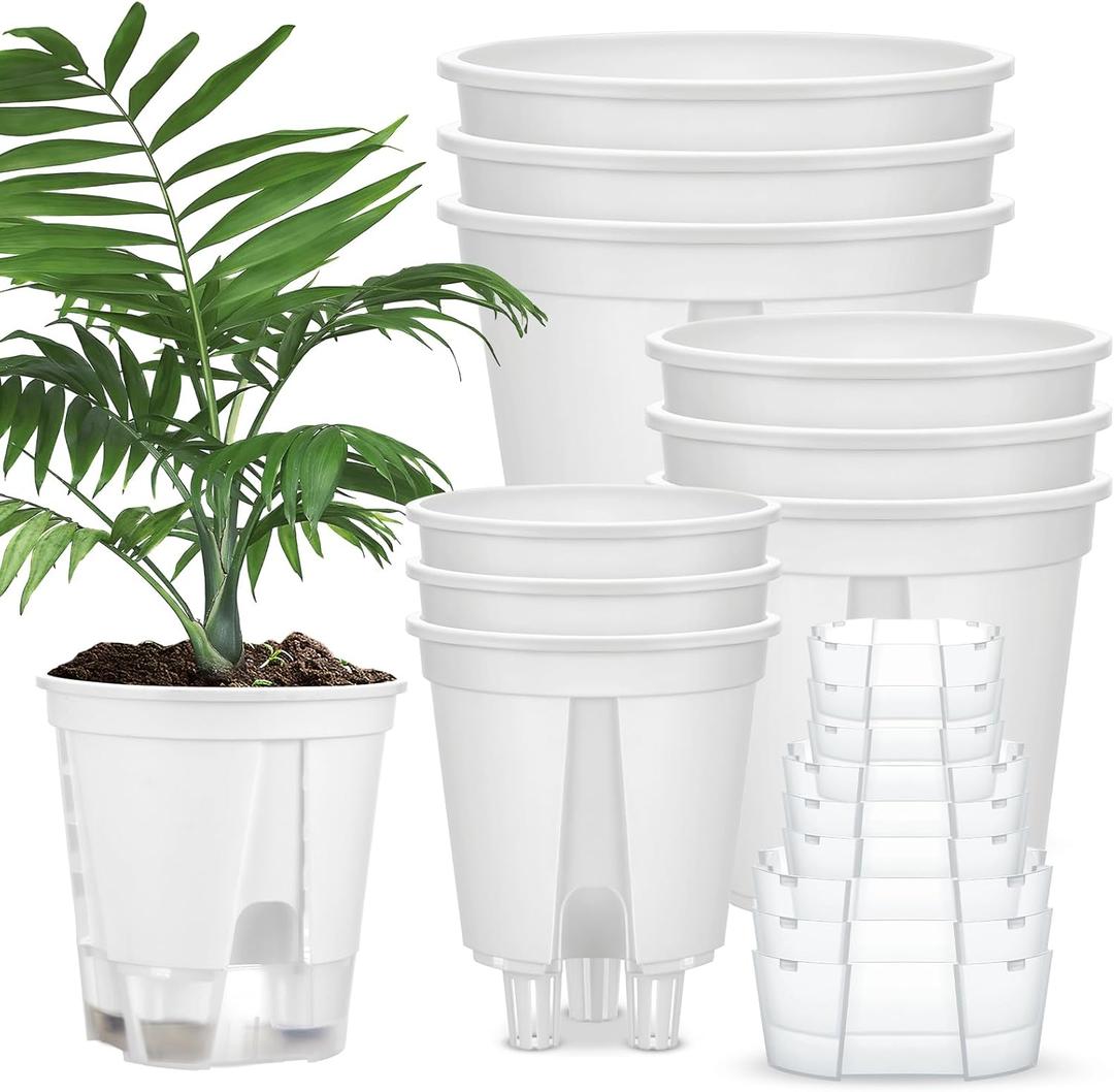 Wonderjune Self Watering Pots for Indoor Plants with Deep Reservoir and High Drainage Holes for Outdoor Plants and Flowers, Bare Root Planter(4.72'', 5.91'', 7.09'',White,9 Pcs)