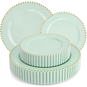 EI 60pcs Green Plastic Plates with Gold Rim,Disposable Heavy Duty Sage Green and Gold 10" Dinner & 7" Dessert Plastic Plate for Birthday,Afternoon Tea,Wedding,Spring,Valentine's Day,Easter