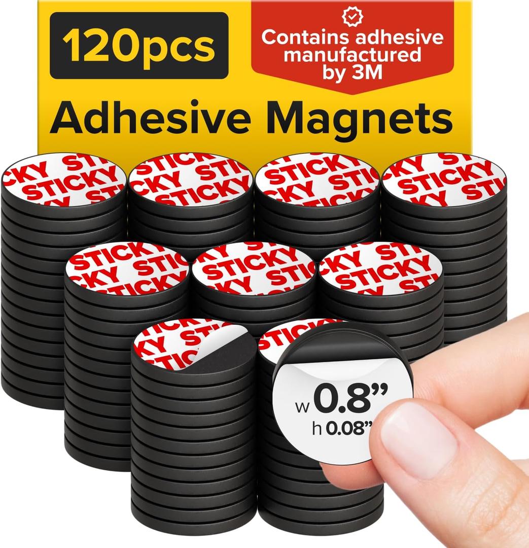 Peel-&-Stick Flexible Adhesive Magnets - 120 Magnetic Dots for Office Supplies, Whiteboard, Crafts, Fridge, & School Projects (0.8x0.08" / 20x2mm, Black)