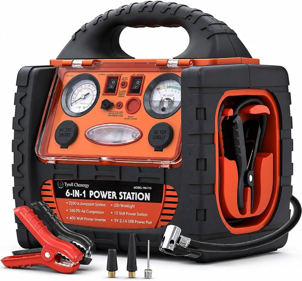 2200 Amp Car Jump Starter with Air Compressor,Portable Power Station with 260 PSI Tire Inflator,400W Power Inverter Dual AC/DC Ports,2.1A USB Port,Battery Clamps
