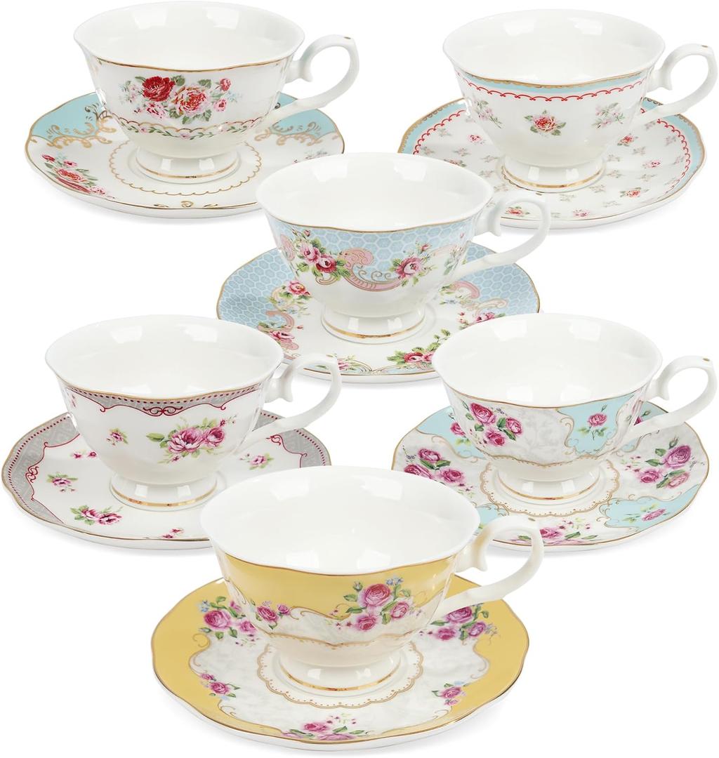 fanquare Colorful Floral Porcelain Coffee Cups with Saucers, British Tea Cups Set for 6, Classic Rose Tea Party Set for Women (Yellow and Blue)