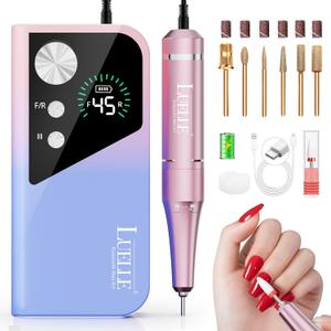 Electric Nail Drill File Professional 45000 RPM, LUELLE Electric Nail File Machine Kit for Acrylic Gel Nails Polishing Removing, Portable Rechargeable Cordless E File with Gold Bits Kit for Salon Home