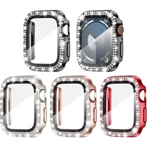 Goton 4-Pack Bling Screen Protector for Apple Watch Series 9 8 7 45mm Case, Women Glitter Diamond Rhinestone Bumper Cover for iWatch Accessories 45 mm (Red+Rose Gold+Starlight+Black( Glass))