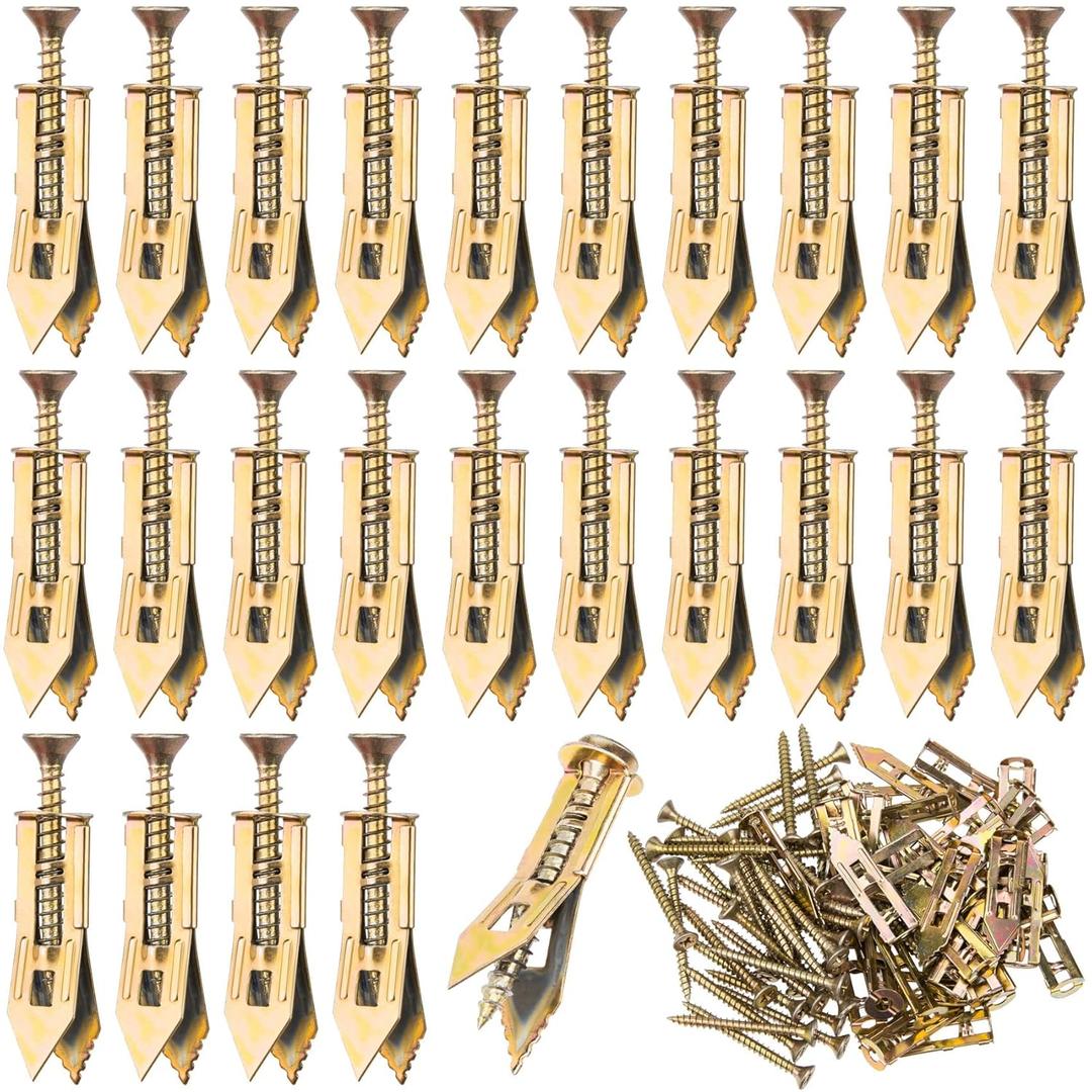PAGOW 80 Pcs Self-Drilling Anchors, Ancors and Screws for Heavy Duty, Metal Screw Anchors Kit, No Drill and Holes in Wall (40 Pcs Steel Anchors 0.47"x1.57" + 40 Pcs Zinc Screws 0.31"x1.57") (Gold)