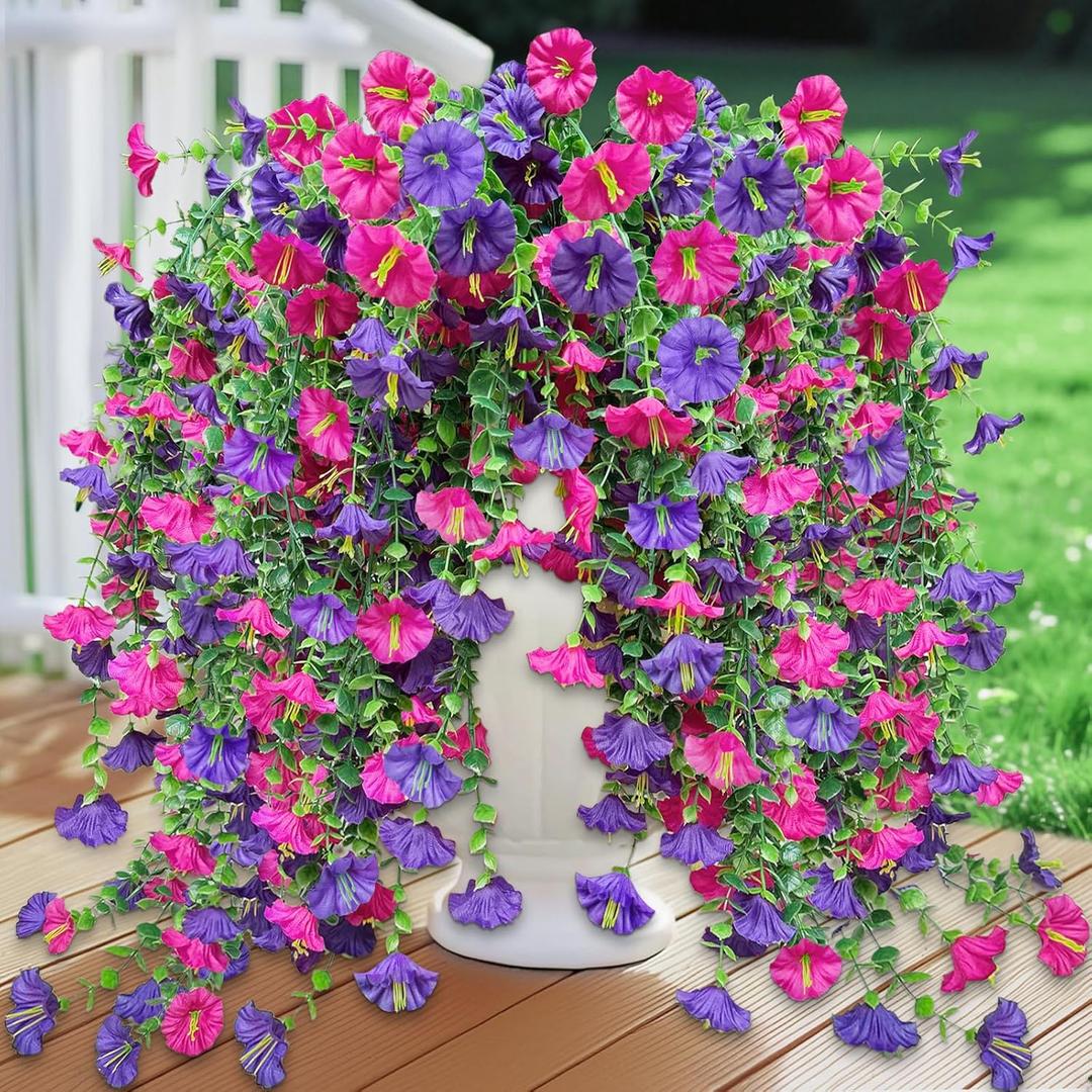 4PCS Artificial Fake Hanging Flowers Plants for Outdoor, Summer Faux Petunias with Eucalyptus Leaves,Silk Morning Glory UV Resistant Look Real for Planter Gardens Balcony Porch Indoor(Purple Mix)