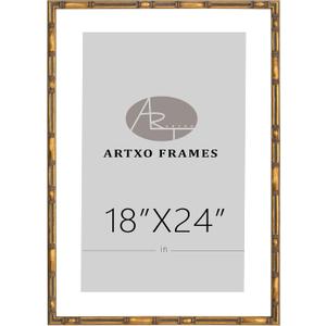 ArtXO 18"x24" Picture Frame Wooden, Display Pictures 16"x20" with Mat or 18"x24" Without Mat, Gold Bamboo Poster Frames,Hanging Photo Frame Wall (Gold03(wide:17.5mm)(with Mat,Plexiglass,Back))