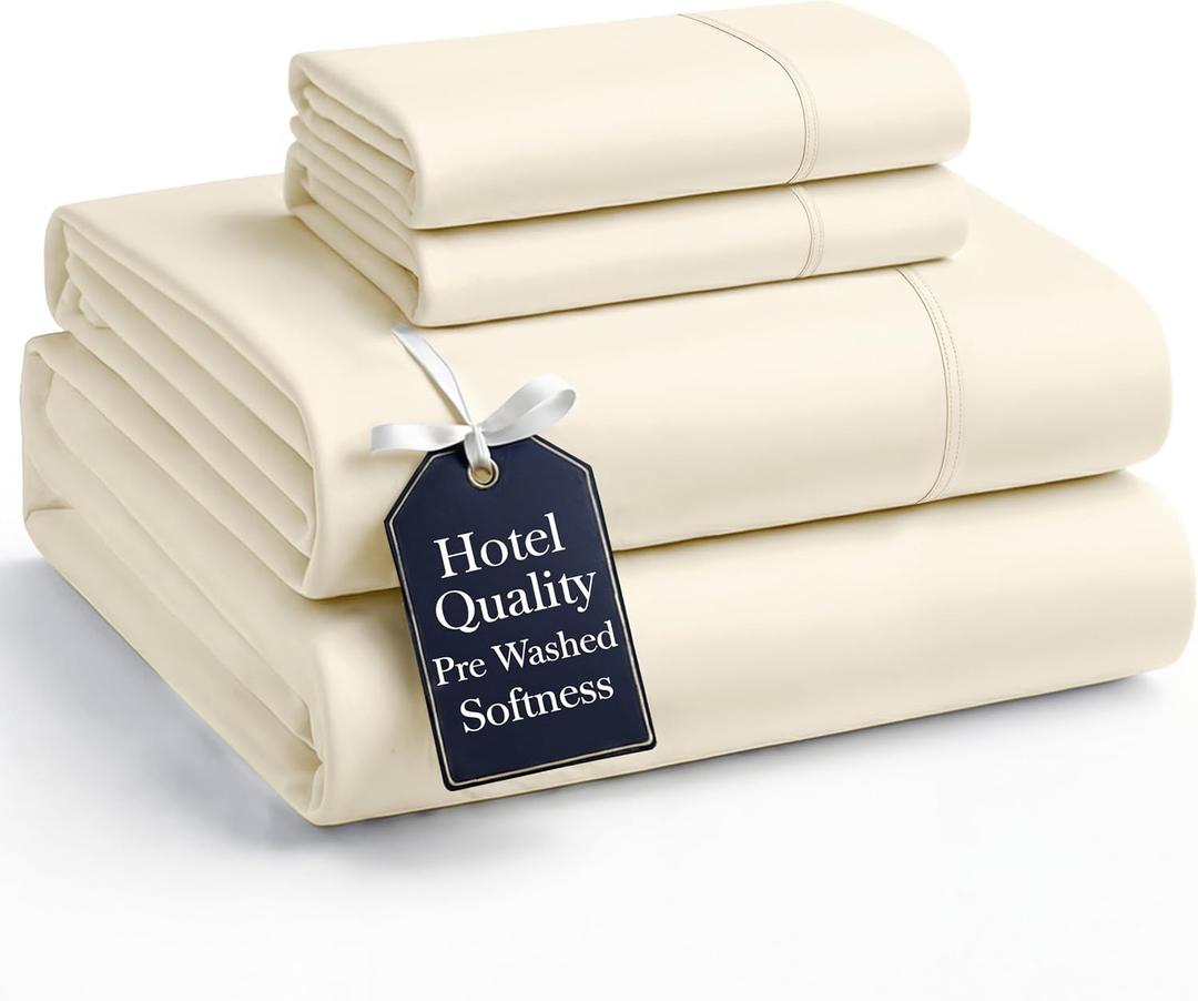 Casa Platino Full bedding set: breathable, cooling material, fitted sheet with a 15-inch deep elastic edge, pillowcase included, very soft and cozy, fits snugly to the mattress – ivory color.