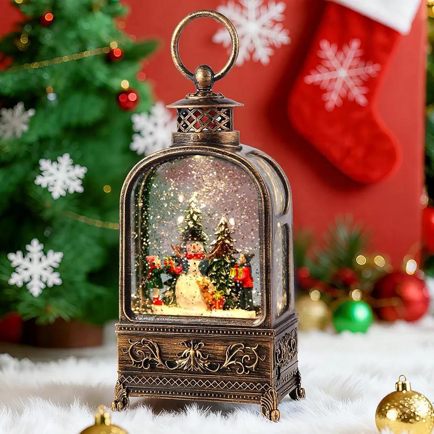 Snowman Snow Globe Christmas, 10.2in Musical Snow Globe Lantern Lights with 6H Timer Battery & USB Powered, Retro Style Holiday Glitter Snow Globes for Xmas Home Decoration Indoor Holiday Party Gifts