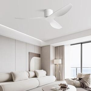 52-Inch White Ceiling Fan Without Light, Modern Low-Profile Flush Mount Fan with Remote, 6-Speed Reversible Quiet DC Motor,for Balcony, Living Room, Bedroom (No Light)