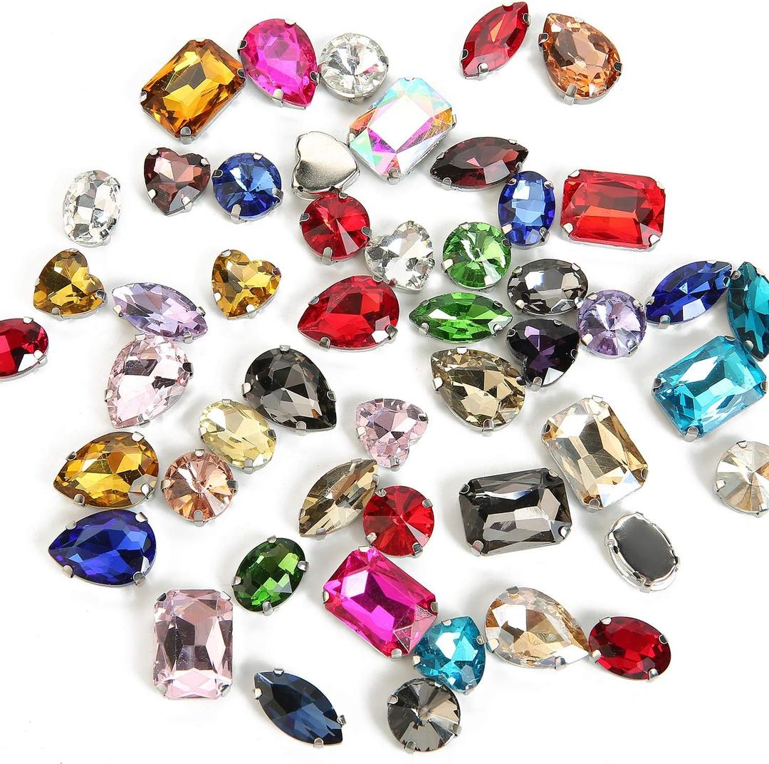 Choupee 48PCS Mixed Shapes Flatback Sew On Glass Rhinestone Sewing Claw Rhinestone for Craft, Clothes, Garments, Dress, Earring, Belt and Shoes (Silver Claw)