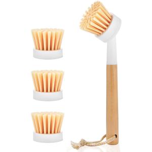 ALINK Dish Brush with Handle and 3 Replacement Heads, Pot and Pan Cleaning Scrub Brush for Kitchen, Sink, Stove, Cast Iron Scrubber