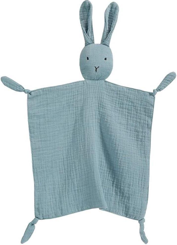 Organic Cotton Muslin Lovey Blanket, Organic Cotton Muslin Bunny Security Blanket Soft & Breathable Lovie Baby Gifts for Boys and Girls (Light Blue)