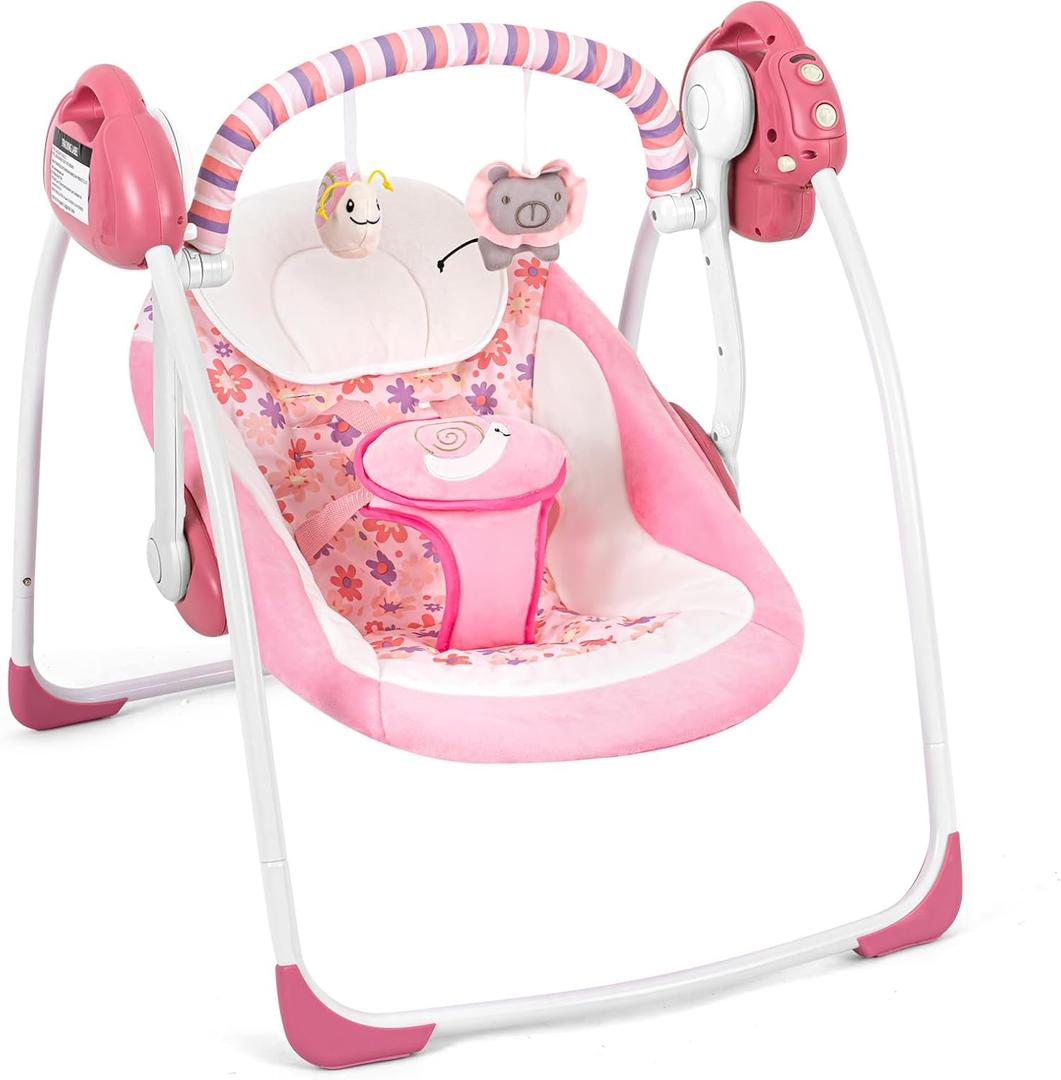 Baby Swings for Infants, Powered by Power Cord (Included) and Batteries for Indoor/Outdoor Use, Easy-Fold Infant Swing, Electric Baby Swing for 0-9 Months 6-25 lbs (D93881 PINK)