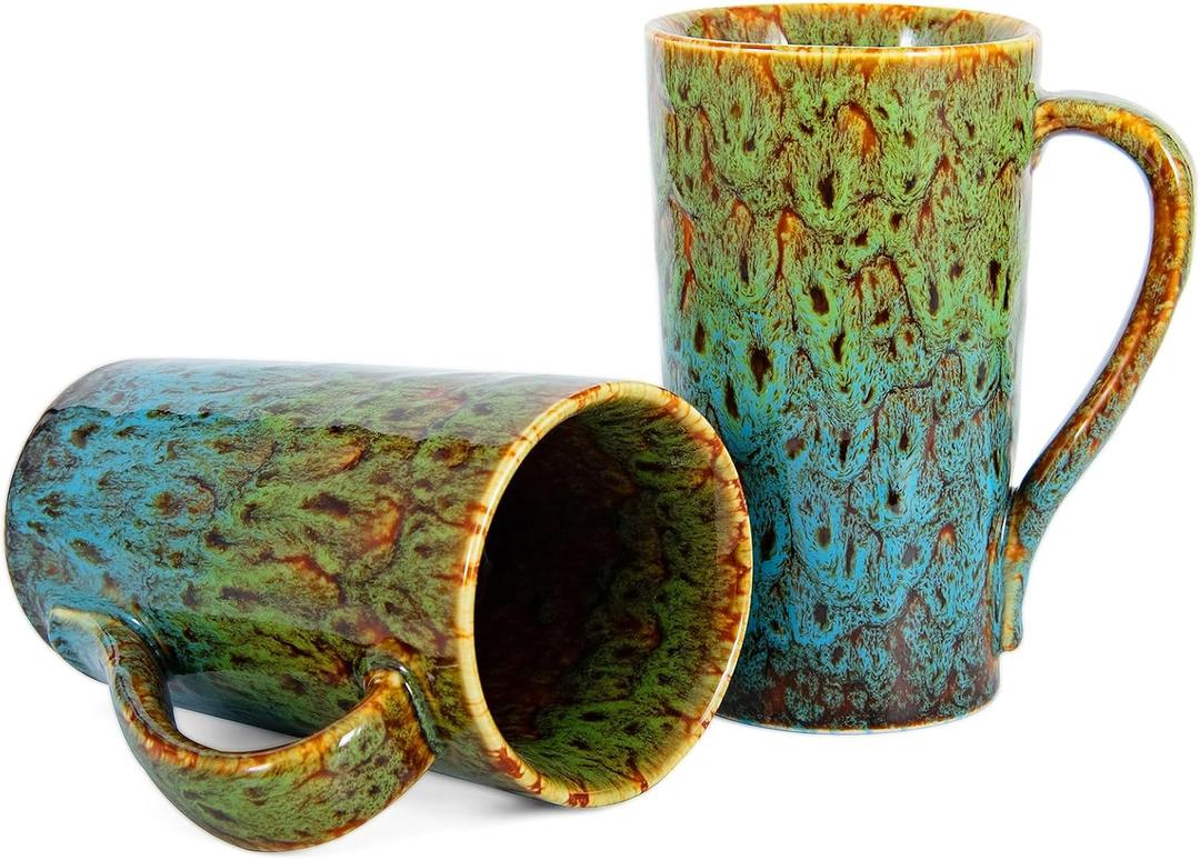 20 OZ Large Coffee Mugs, Coffee Cups Ceramic Tall Coffee Mugs with Handle, Unique Latte Tea Cup for Office and Home, Novelty Gifts for Men and Women, Set of 2 (Green & Blue)