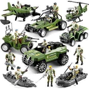 58-in-1 Army Men Toys for Boys 4-7 6-8 8-12, Military Truck/Helicopter/Kayak Boat/Motorcycle/Army Men Action Figures/Weapon Gears, Army Toys for Boys Kids Birthday Gifts Party Favors