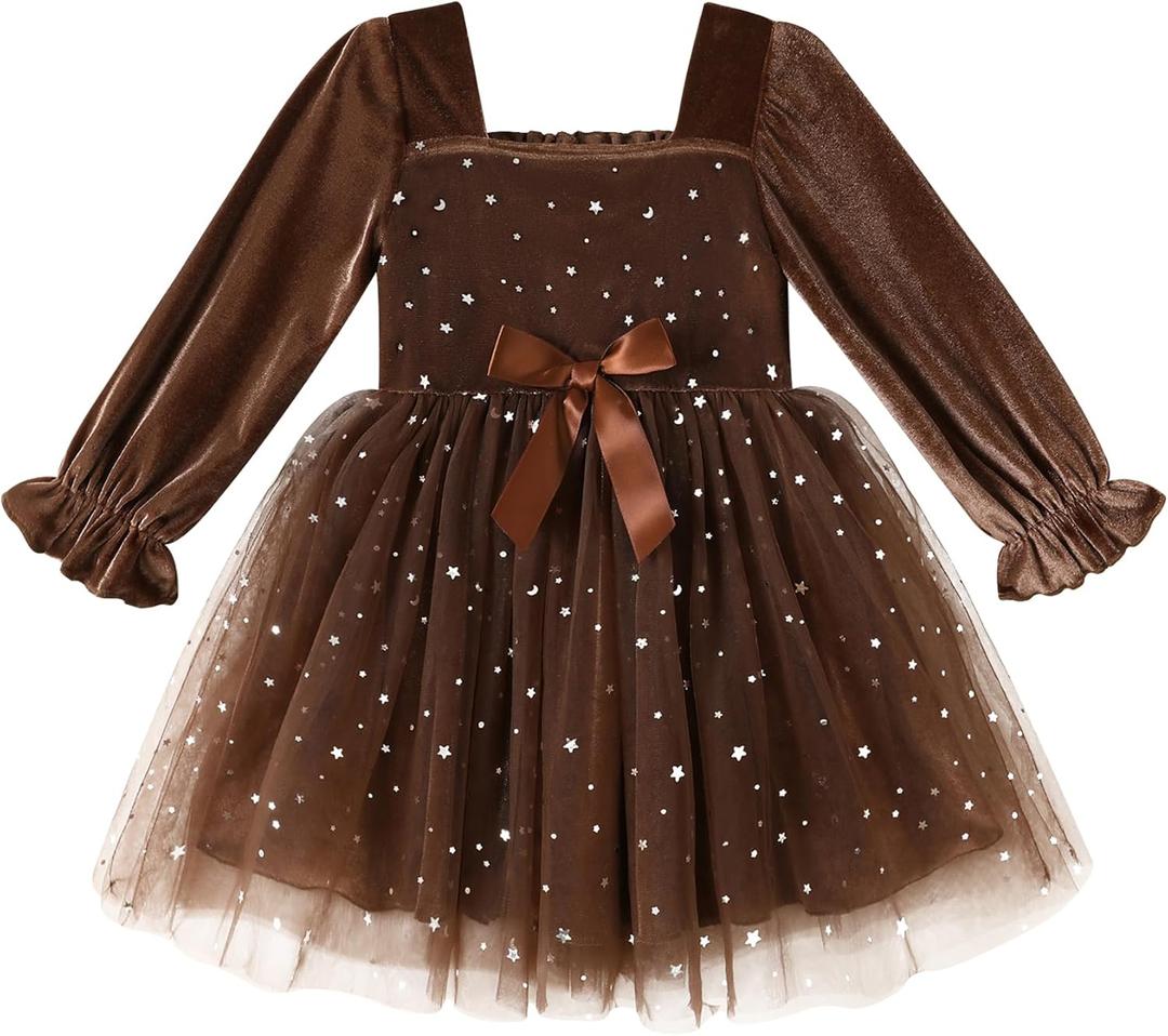 YOUNGER TREE Toddler Tutu Dress Girls Long Sleeve Tulle Holiday Birthday Party Princess Dresses Fall Winter Clothes (18-24 Months, Brown)