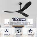 60 inch Ceiling Fans Without Lights, Wet Rated Black Outdoor Ceiling Fans for Patios Outside Porch, 3 Blade Wood Ceiling Fan no Light with Remote Control, High CFM 6 Speeds, Quiet DC Motor