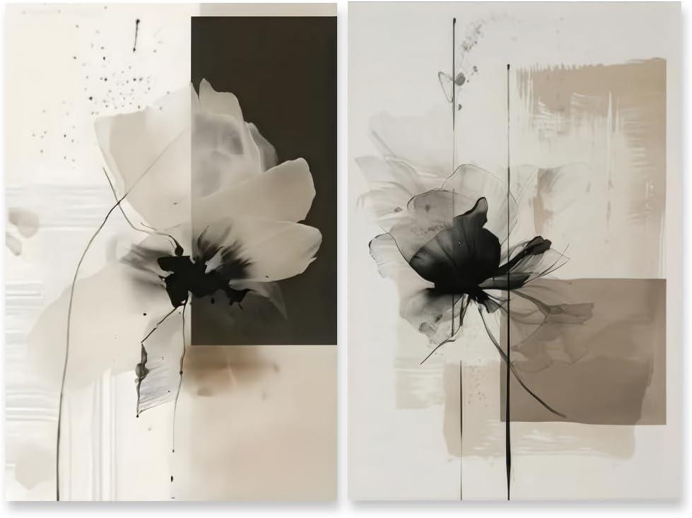 HUYKON Minimalist Abstract Floral Wall Art Prints Set of 2 Neutral Beige Black Flower Canvas Painting Poster Trendy Botanical Picture for Gallery Modern Japandi Boho Home Decor 12x18inch Unframed