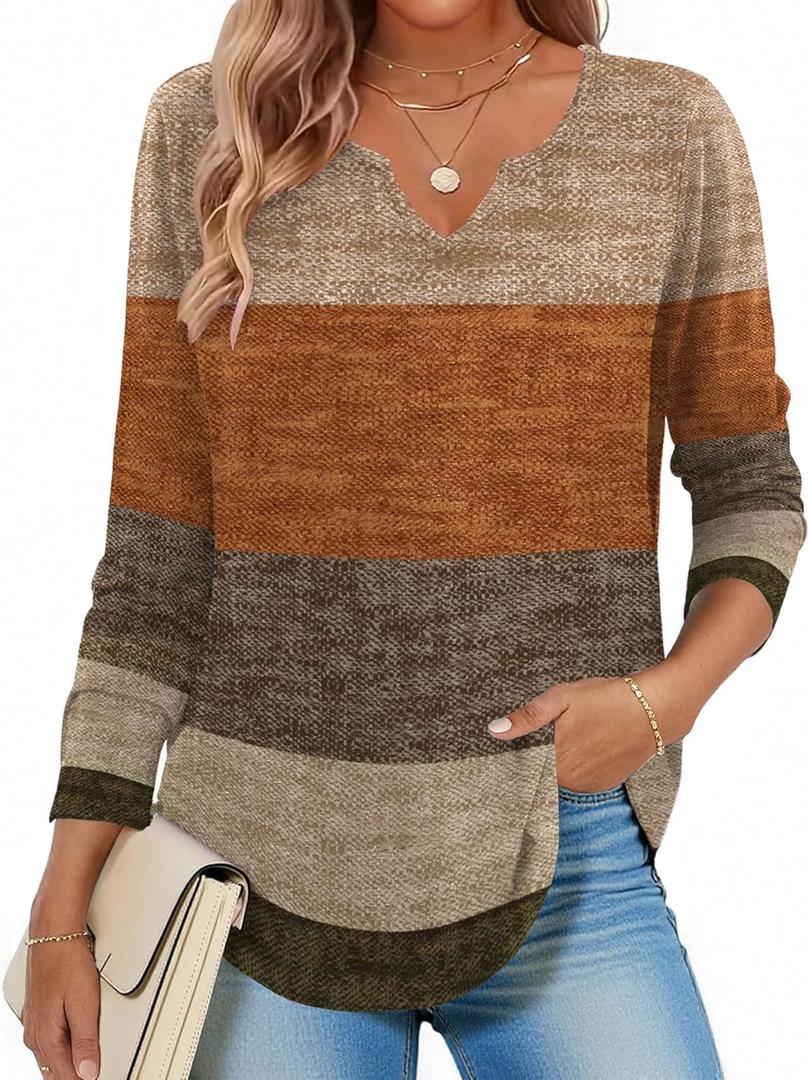 Zeagoo Long Sleeve Shirts for Women Fall V Neck Tops Casual Dressy Blouse Boho Tunic Business Work Clothes School Outfit (XL)