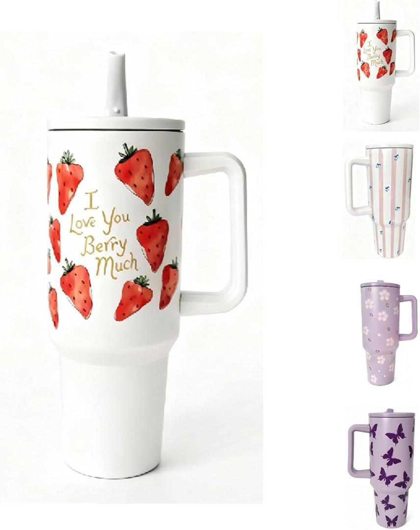 Strawberry 40 oz Insulated Tumbler with Handle,Stainless Steel Double Wall Vacuum Water Bottle, LeakProof Lid & Straw, Keeps Drinks Hot & Cold, Cute Fruit Floral Tumbler for Women