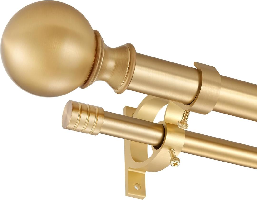 Warm Gold Double Curtain Rods 36-72", Decorative Window Treatment Curtain Rod with Round & Barrel Finials, 1-Inch Front and 5/8 Inch Back Double Telescoping Drapery Rod, Adjustable Double Window Rod