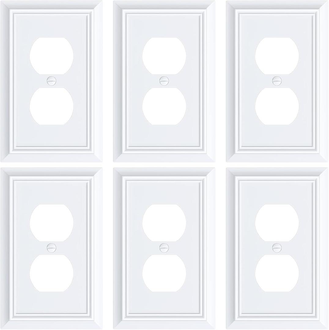 6-Pack Duplex Outlet Cover Plate, Decorative Pure White Switch Plates and Outlet Covers, Natural Bamboo Fiber Wall Plates for Electrical Outlets, 1 Gang Receptacle Cover, Corrosion Resistant