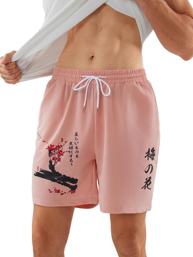 WDIRARA Men's Colorblock Drawstring Waist Summer Shorts Corduroy Casual Short with Pockets Pink XS (Pink, XS)