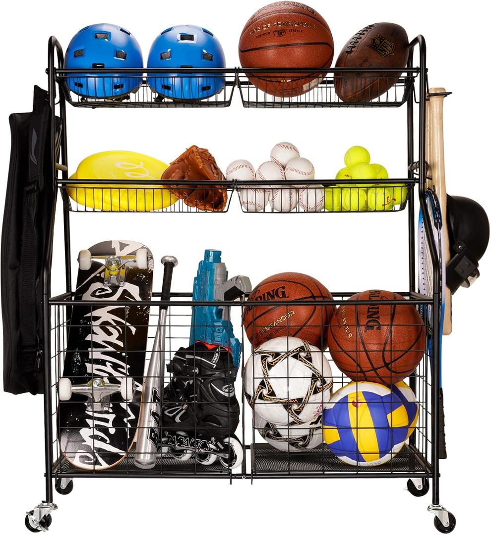 WEYMILA Sport Equipment Organizer for Garage, Steel Basketball Rack with Baseball Bat Holder and Hooks, Easy Assembly Storage for Balls, Kids' Toys, and Workout Gear in Basement, Home Gym, Outdoor
