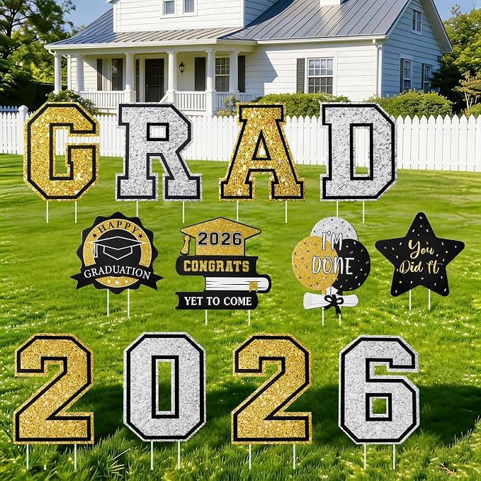 15 PCS Graduation Yard Signs Class of 2026 Decorations, 2026 Graduation Decorations - Large 4FT Tall Congrats Grad Lawn Sign Set with H-Stake & Fiberglass Rods, Waterproof Outdoor & Indoor Graduation Party Decor, Black and Gold