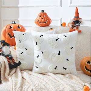 Halloween Pillow Covers 18x18 inch Set of 2 White Throw Pillow Cases Soft Plush Cushion Case for Chair Sofa Bedroom Living Room Home Decor (White Pumpkin)