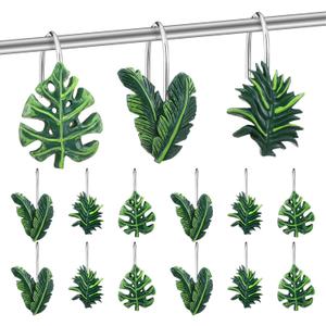 Amyhill 12 Pcs Tropical Leaf Decorative Shower Curtain Hooks Green Monstera Deliciosa Leaves Shower Curtain Rings Hanger Stainless Steel Resin Tropical Botanical Themed Hooks for Home Bathroom Decor